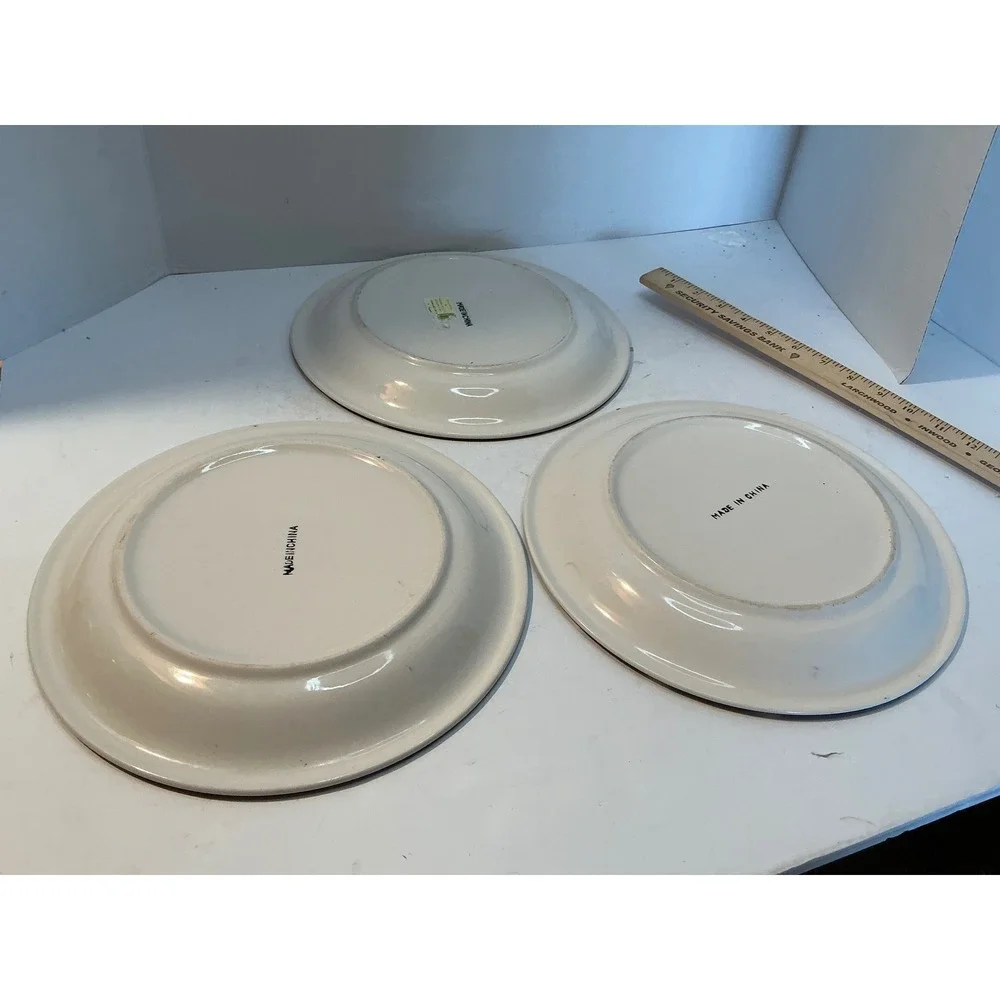 Vintage Rooster Ceramic Plates Set of 3 Polka Dot Rim 8 Inch Farmhouse